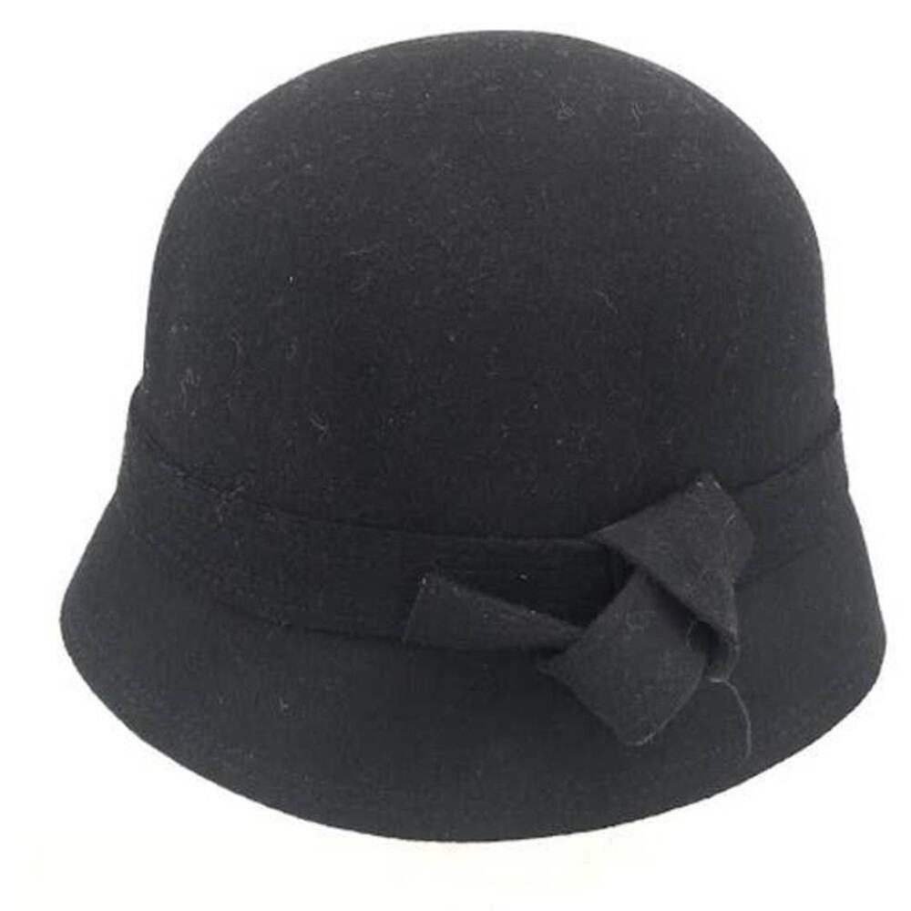 Kate Landry Wool Cloche Hat Black with Bow Round crown